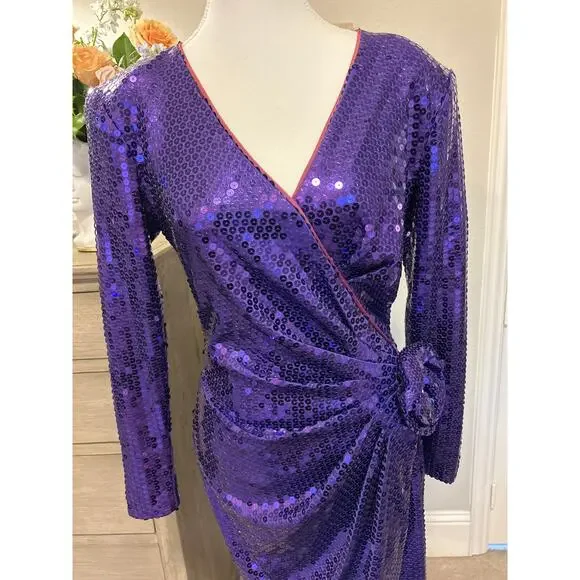Tadashi | Vintage Purple Sequined Dress with Rhinestone Adorn Flower | 6 - Picture 7 of 15